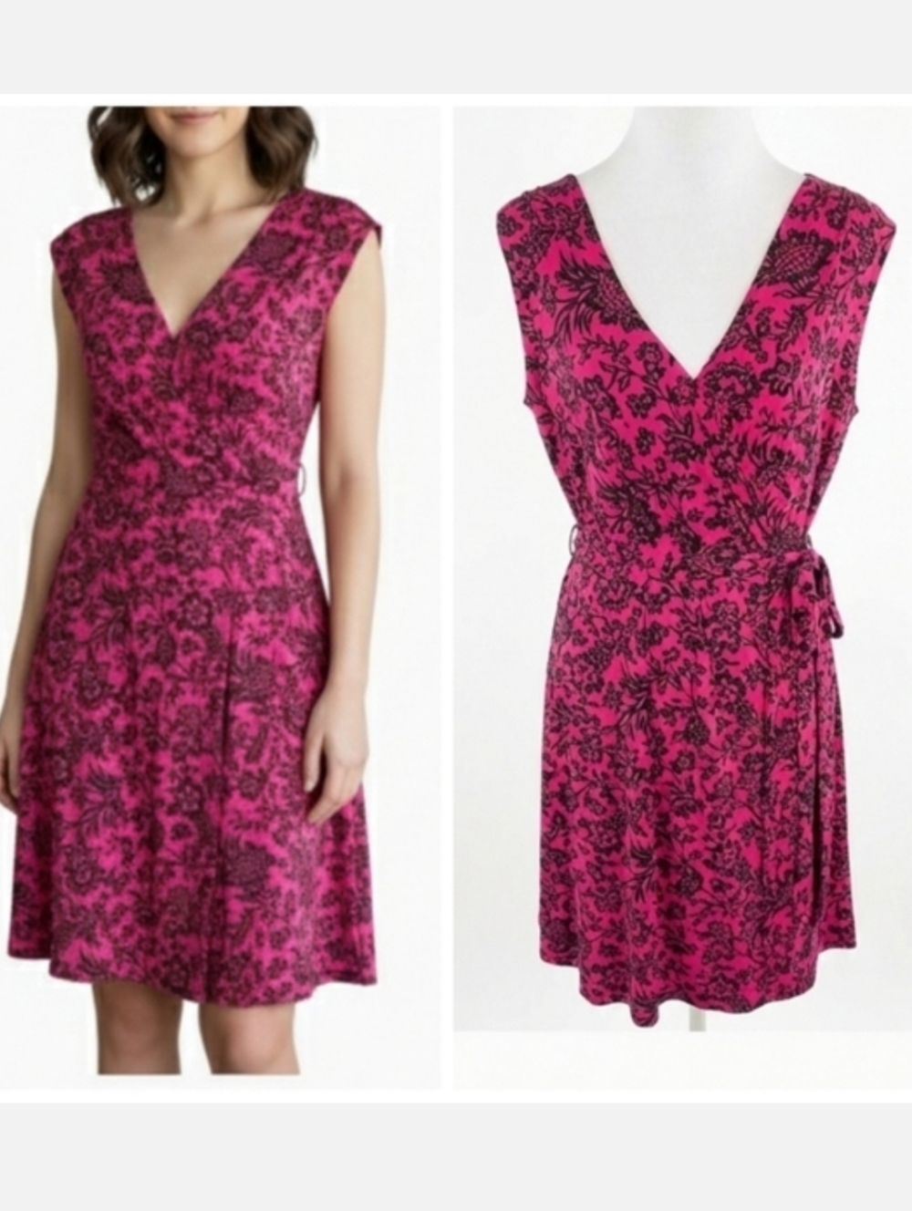 Attention Floral Pink & Black Belted Sleeveless Dress Women's Size Large